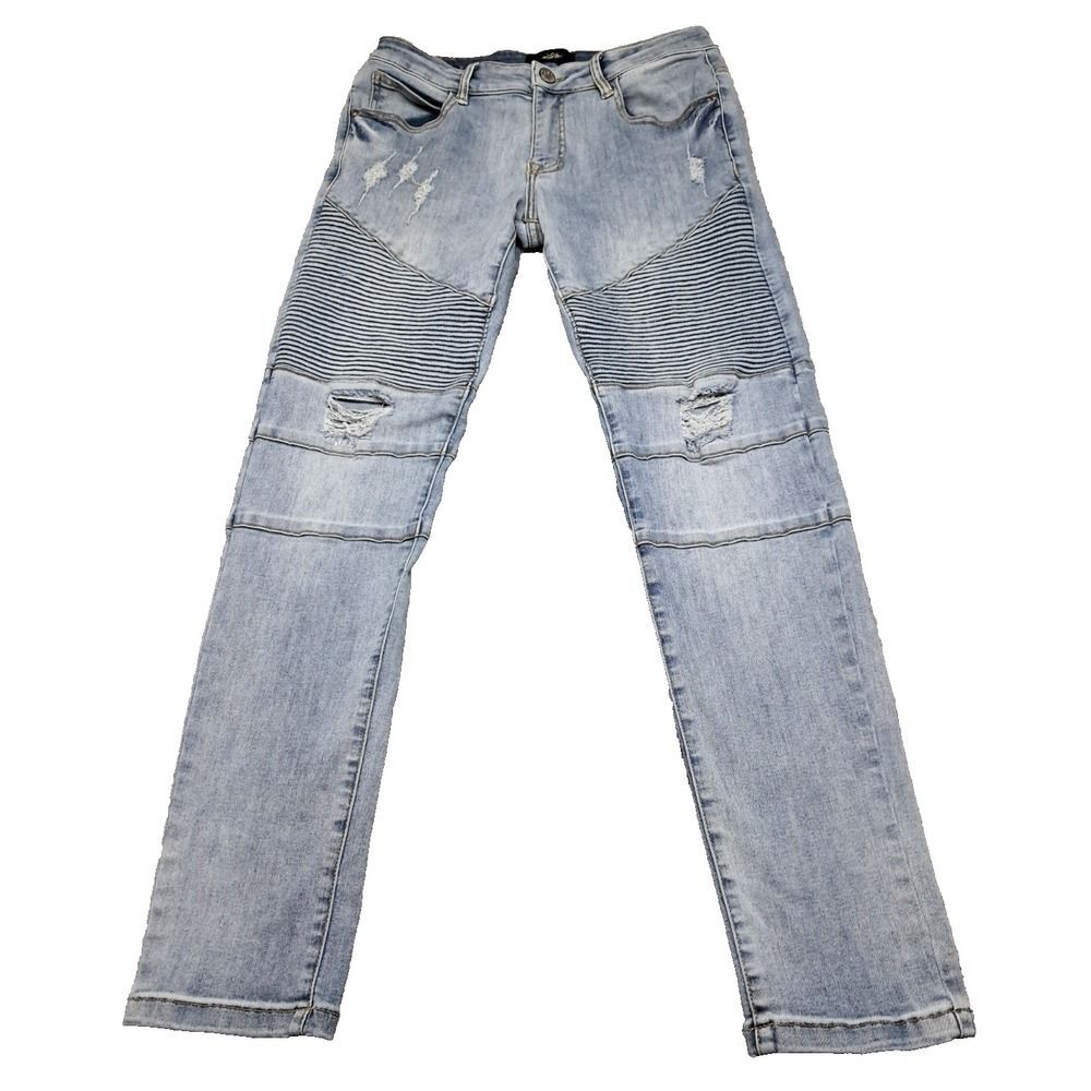 ZLZ Jeans Mens 30W Skinny Slim Fit Stretch Ripped Distressed Moto Biker Ribbed